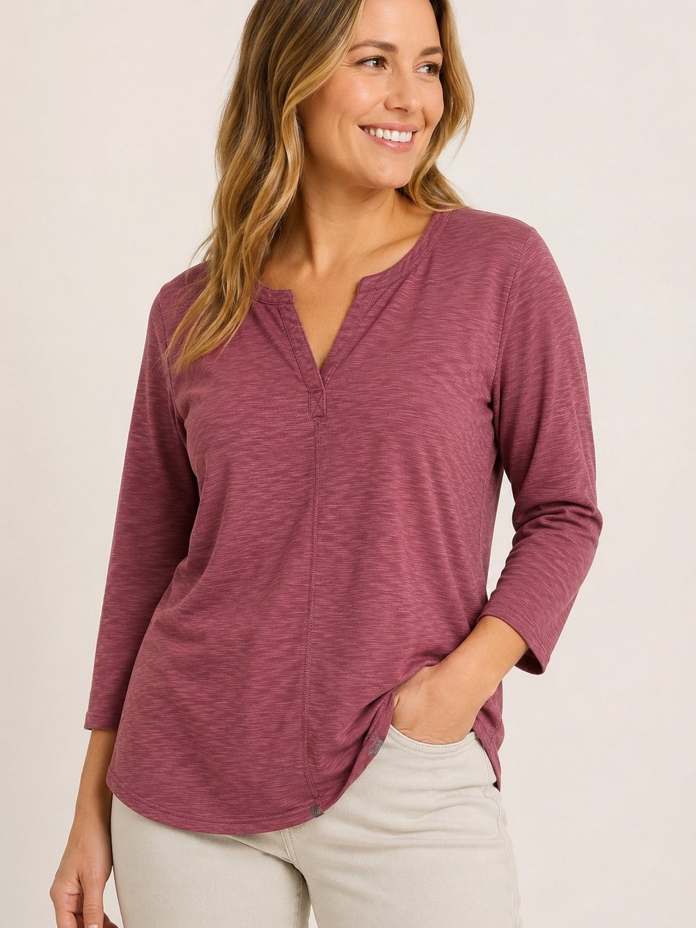 L.L.Bean Women’s XL Split Neck Tunic Top Pink Heather 3/4 Sleeve